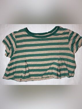 Free People We The Free Green Striped Gathered Crop Top M Boho Slub Tee